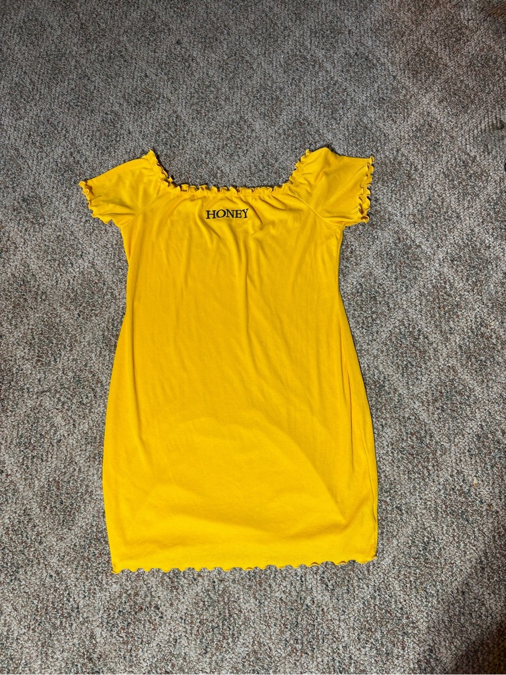 Yellow Off-The-Shoulder "HONEY" Ribbed Mini Dress